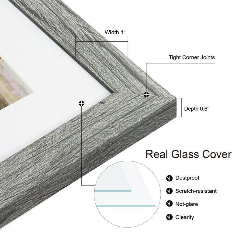 Hongkee مجموعة إطارات صور Hongkee مقاس 8 × 8 مكونة من قطعتين، مع إطارات زجاجية وخشبية رمادية، وإطار عرض مجمع بأربع فتحات مقاس 3 × 3 مع حصيرة أو 8 × 8 بدون حصيرة للتعليق على الحائط أو سطح الطاولة - Image 5